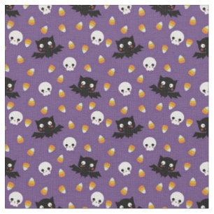 Halloween - Skulls, bats and candy corn on Purple Fabric