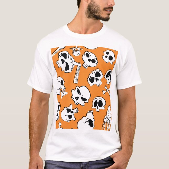 Halloween Skulls Bones Doodle Pattern T-Shirt (Front)