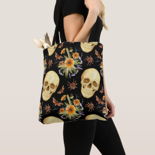 HALLOWEEN SKULLS FLOWERS SPIDERS BLACK WHITE TOTE BAG