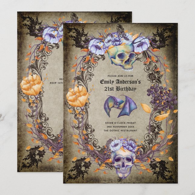 Halloween Skulls Trendy Party Invites Watercolor (Front/Back)