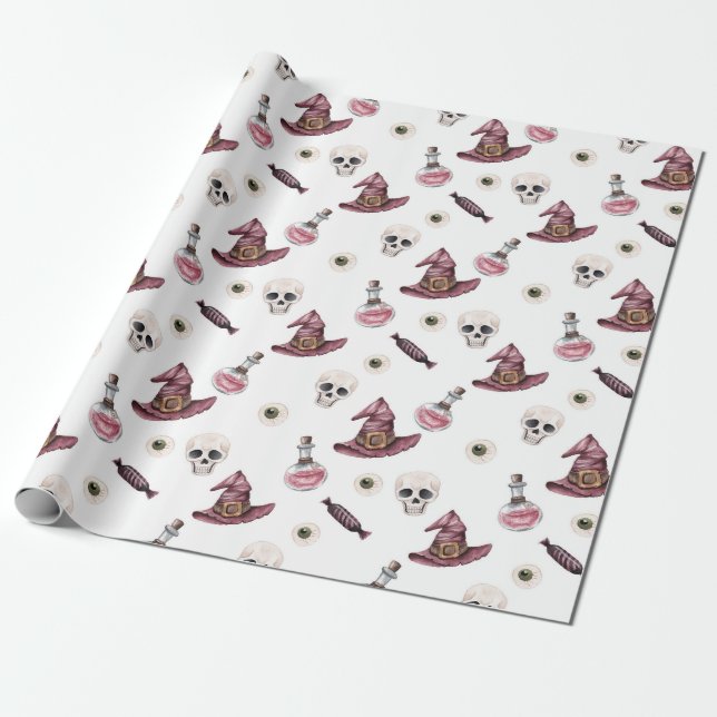 Halloween Skulls, Witch Hats, Potions, and Eyeball Wrapping Paper (Unrolled)
