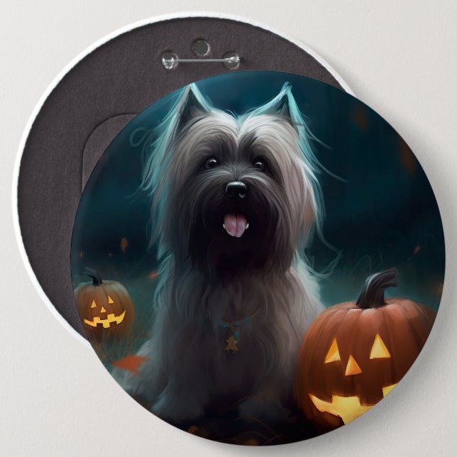 Halloween Skye Terrier With Pumpkins Scary  6 Cm Round Badge (Front & Back)