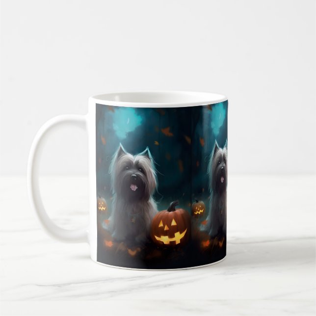 Halloween Skye Terrier With Pumpkins Scary  Coffee Mug (Left)