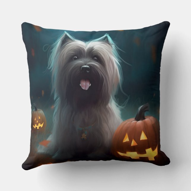 Halloween Skye Terrier With Pumpkins Scary  Cushion (Back)