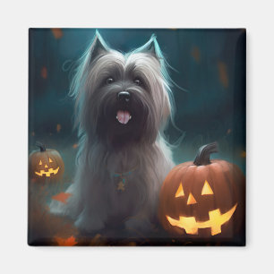 Halloween Skye Terrier With Pumpkins Scary Magnet