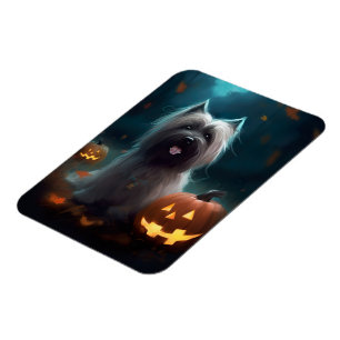 Halloween Skye Terrier With Pumpkins Scary Magnet