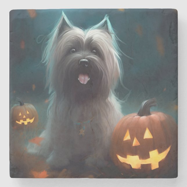 Halloween Skye Terrier With Pumpkins Scary  Stone Coaster (Front)