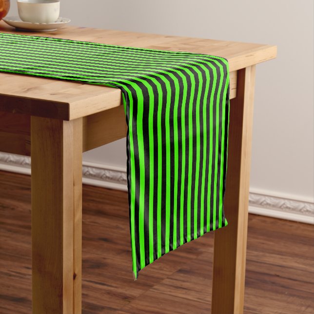 Halloween Slime Green and Black Stripe Medium Table Runner (In Situ)