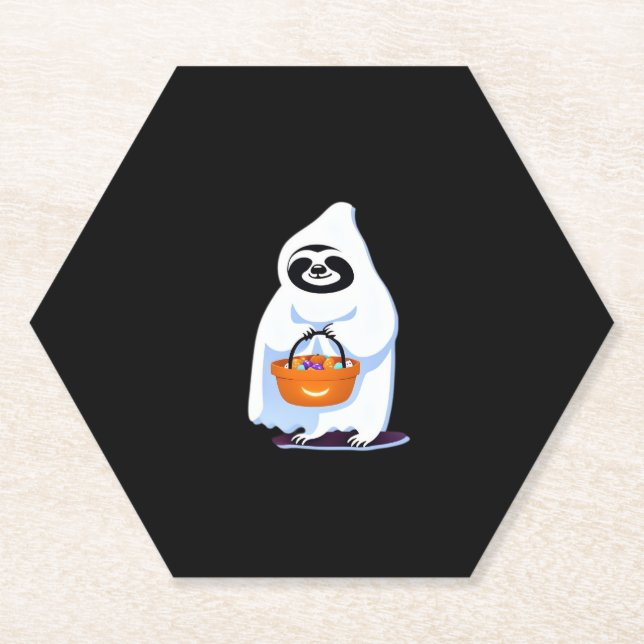 Halloween sloth dressed as ghost going trick or tr paper coaster (Front)
