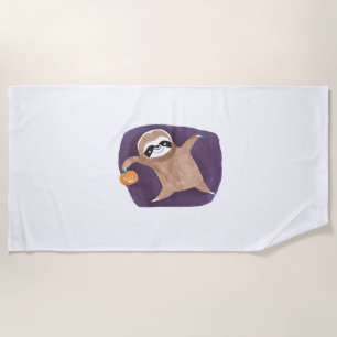 Halloween sloth, pumpkin, bat, spider, spider web  beach towel