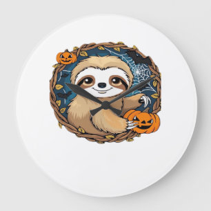 Halloween sloth, pumpkin, bat, spider, spider web large clock