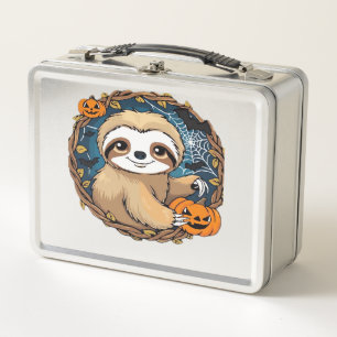Halloween sloth, pumpkin, bat, spider, spider web metal lunch box