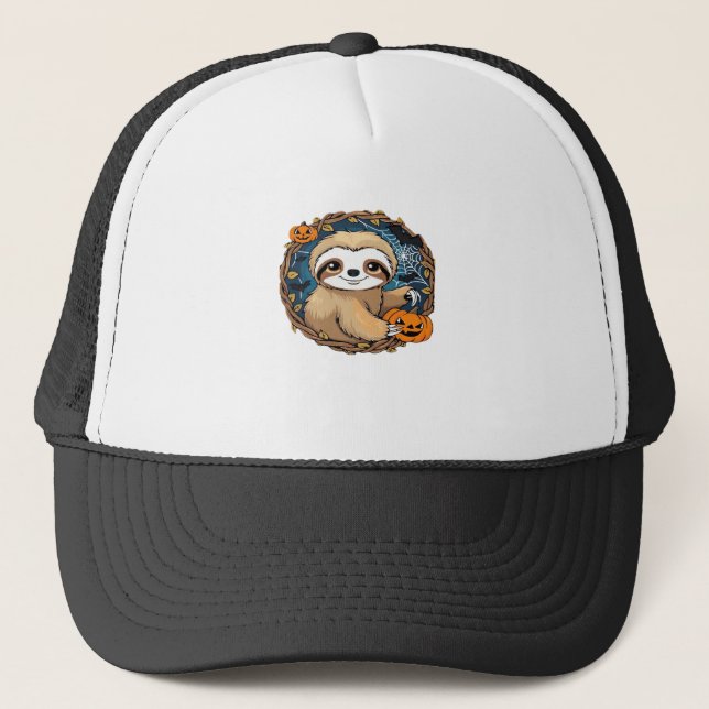 Halloween sloth, pumpkin, bat, spider, spider web  trucker hat (Front)