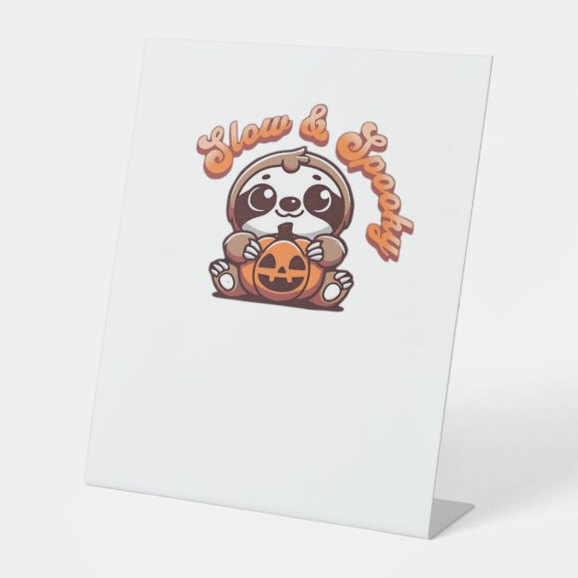 Halloween Sloth Slow and Spooky Cute Sloth Pumpkin Pedestal Sign (Front)