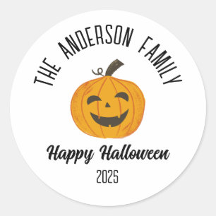 Halloween Smiling Pumpkin Face Personalised Name Classic Round Sticker
