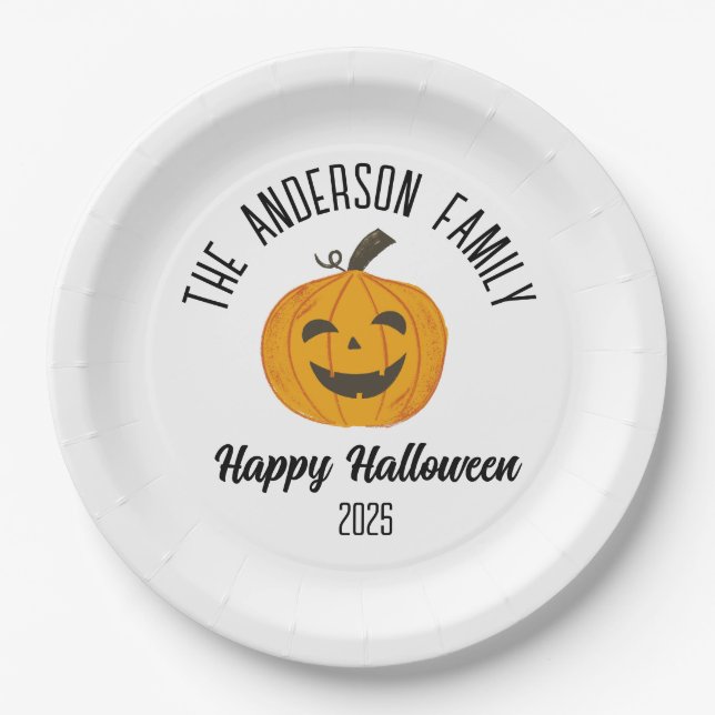 Halloween Smiling Pumpkin Face Personalised Name Paper Plate (Front)