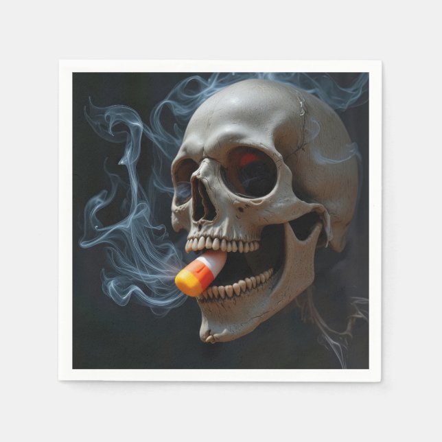 Halloween Smoking Skull Biting Candy Corn Napkin (Front)