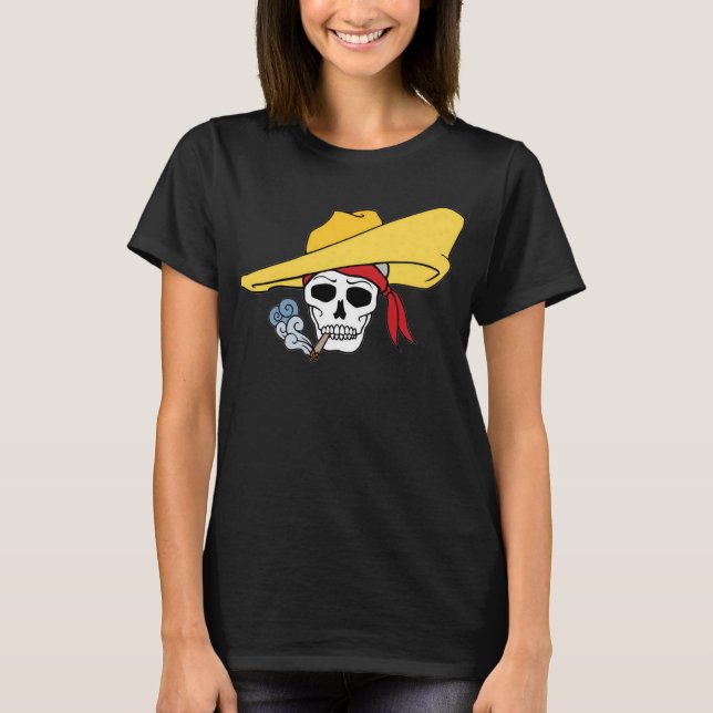Halloween Smoking Skull with Bandanna Cartoon T-Shirt (Front)