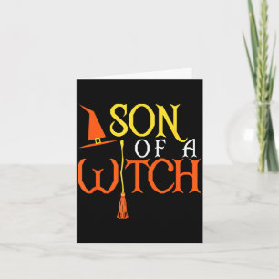 Halloween son of a witch hat and broomstick trick card