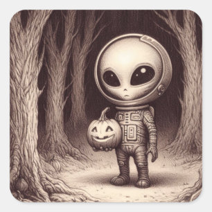 Halloween Space Alien with Jack-O-Lantern Square Sticker