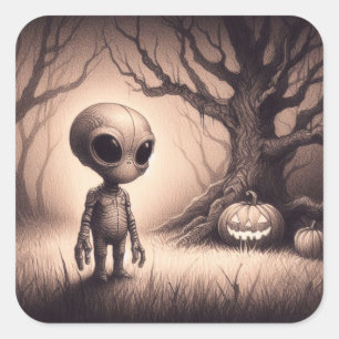 Halloween Space Alien with Pumpkin Square Sticker