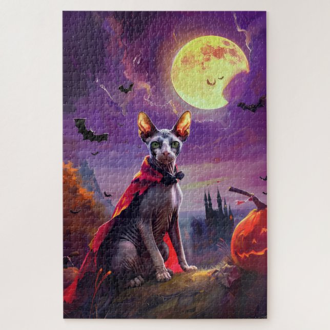 Halloween Sphynx Cat Vampire Pumpkins Scary Jigsaw Puzzle (Vertical)