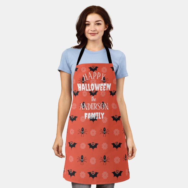 Halloween spider, bat & cobweb pattern apron (Worn)