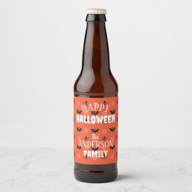 Halloween spider, bat & cobweb pattern beer bottle label (Front)