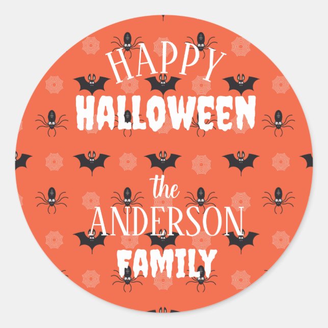 Halloween spider, bat & cobweb pattern classic round sticker (Front)