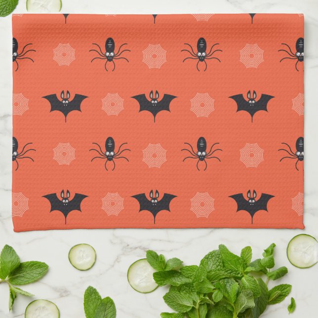 Halloween spider, bat & cobweb pattern tea towel (Folded)