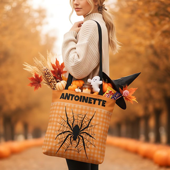 Halloween Spider in Cobweb Orange Gingham Plaid Tote Bag (Creator Uploaded)