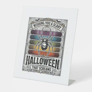 Halloween Spider Scary Retro Engraving Rainbow Web Pedestal Sign