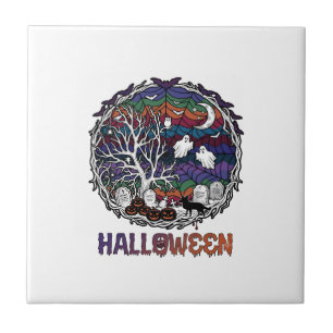 Halloween Spider Web Tree Ghosts Pumpkins Tombston Ceramic Tile