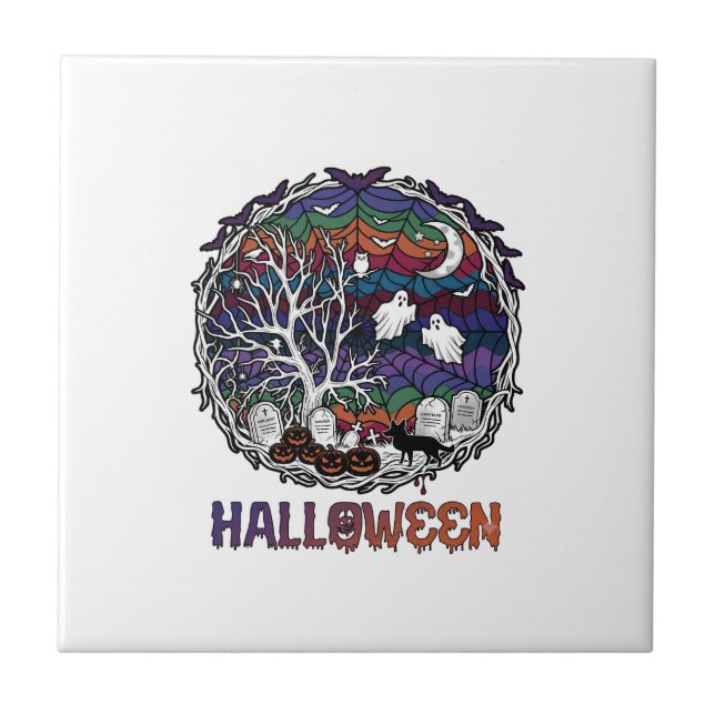 Halloween Spider Web Tree Ghosts Pumpkins Tombston Ceramic Tile (Front)