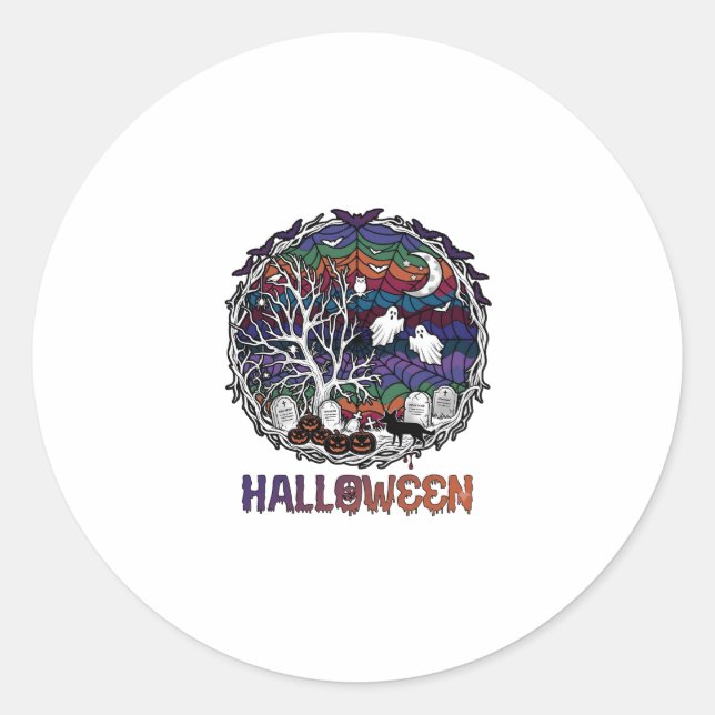 Halloween Spider Web Tree Ghosts Pumpkins Tombston Classic Round Sticker (Front)