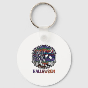 Halloween Spider Web Tree Ghosts Pumpkins Tombston Key Ring