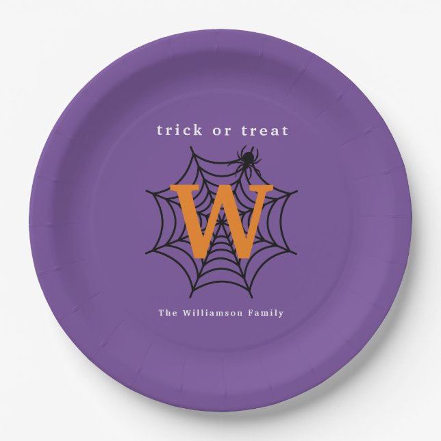 Halloween Spider Web Trick or Treat Monogram Paper Plate (Front)
