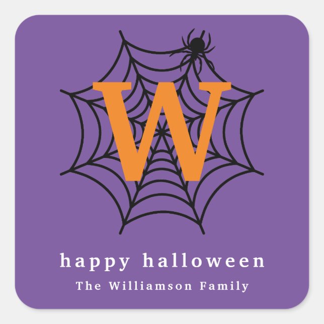 Halloween Spider Web Trick or Treat Monogram Square Sticker (Front)