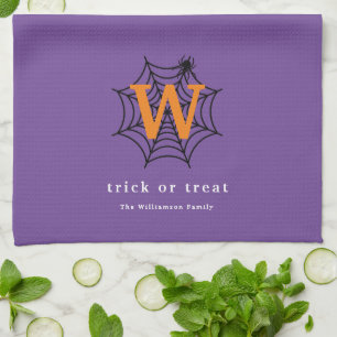 Halloween Spider Web Trick or Treat Monogram Tea Towel