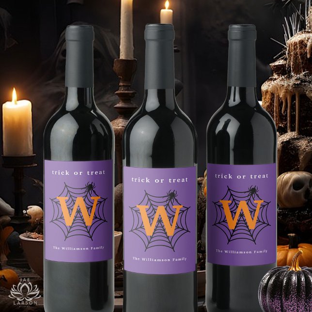 Halloween Spider Web Trick or Treat Monogram Wine Label (Creator Uploaded)
