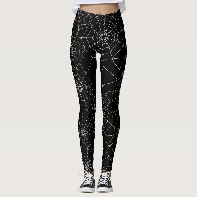 Halloween Spider Webs Cobwebs Black and White Leggings (Front)