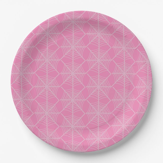 Halloween Spider Webs in Pink and White  Paper Plate (Front)