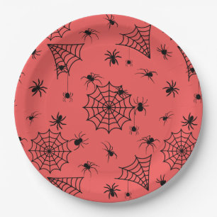 Halloween Spiders and Webs on Red Paper Plate