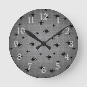 Halloween spiders on grey faded elegant damask round clock