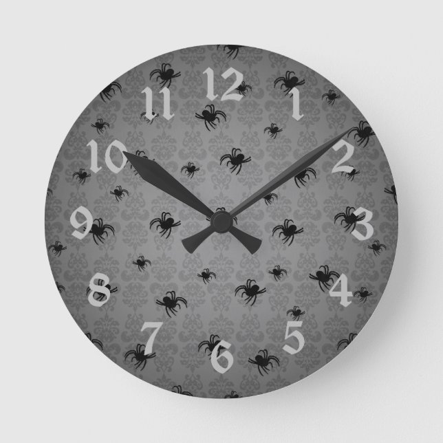 Halloween spiders on grey faded elegant damask round clock (Front)