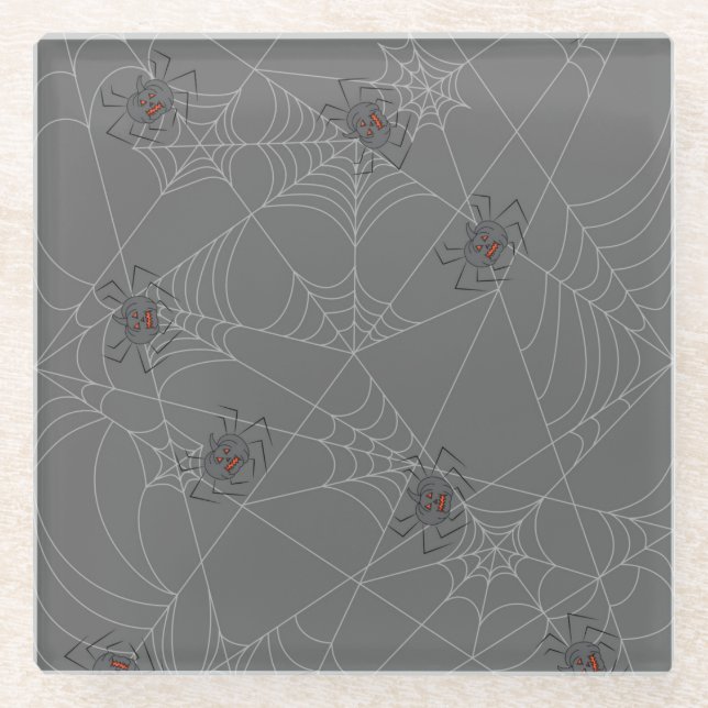 Halloween spiders web and pumpkins   glass coaster (Front)