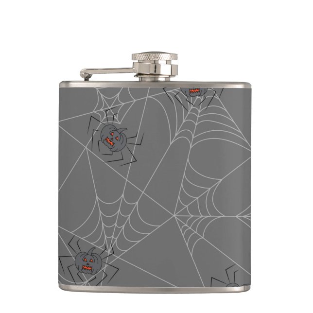 Halloween spiders web and pumpkins   hip flask (Front)
