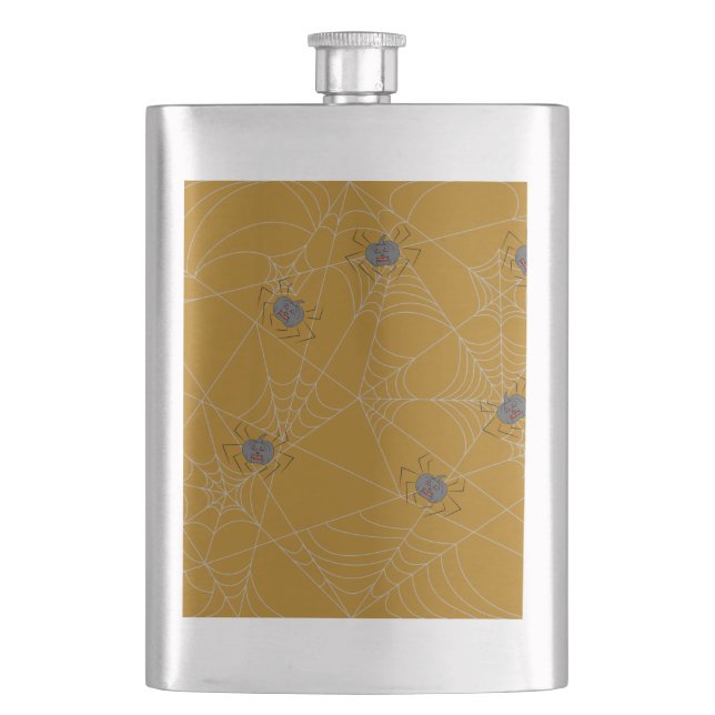 Halloween spiders web and pumpkins hip flask (Front)