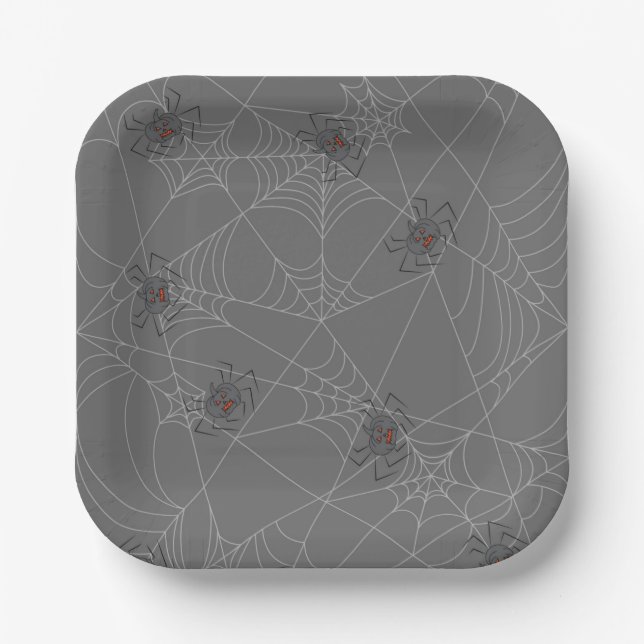 Halloween spiders web and pumpkins  paper plate (Front)