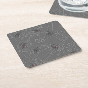 Halloween spiders web and pumpkins square paper coaster